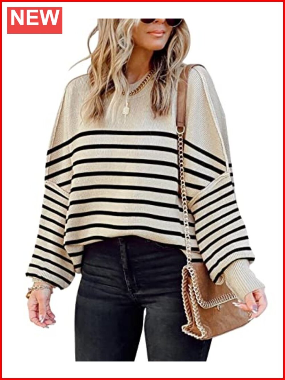 Oversized Crewneck Batwing Sleeve Striped Knit Pullover Sweater